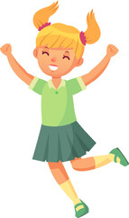 Cheerful elementary school student jumping with arms raised celebrating success. Expressing joy and excitement. Isolated on white background. Promoting education. Childhood happiness. And achievement