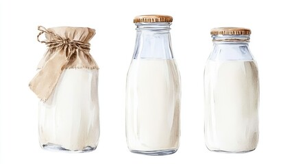 Glass jars of milk with wooden lids and rustic twine decoration