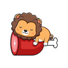 Cute Lion Sleep on Meat Mascot Animal Character Icon Illustration. Flat Cartoon Style Suitable for Web Landing Page, Banner, Sticker, Card