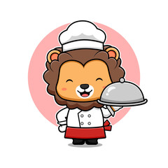 Cute Lion Chef Serving Food Mascot Animal Character Icon Illustration. Flat Cartoon Style Suitable for Web Landing Page, Banner, Sticker, Card