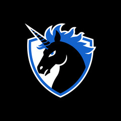 Mythical Black Unicorn Head with Blue Mane and Horn in a Fantasy Shield Logo