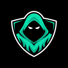 Ethereal Teal Hooded Figure with Glowing Eyes in a Spectral Shield Logo