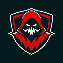 Foreboding Red Hooded Figure with Jagged Smile in Protective Shield Logo