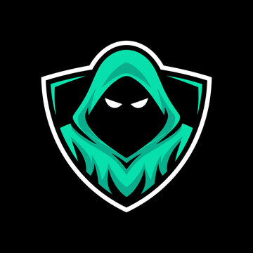 Ethereal Teal Hooded Figure with Glowing Eyes in a Spectral Shield Logo
