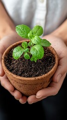 A person holding a small plant with care indicating their commitment to sustainability and nature's beauty