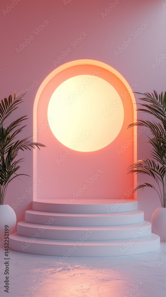 Poster Soft lighting surrounds a minimal podium featuring a circular light. Lush green plants add to the tranquil ambiance, creating an inviting space for presentations or displays