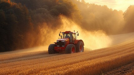 Fototapeta premium Tractor working golden field at sunset. Dust clouds billow