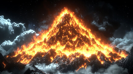 Fiery mountain peak engulfed in flames against a night sky.  Dramatic, fantasystyle artwork ideal for game backgrounds, album covers, or fantasythemed projects.