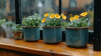 Potted yellow flowers on a windowsill in the rain
