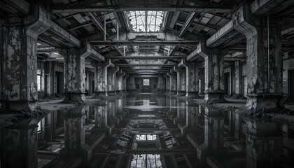 Fototapeta premium Exploring Abandoned Industrial Building Interior with Water Reflection