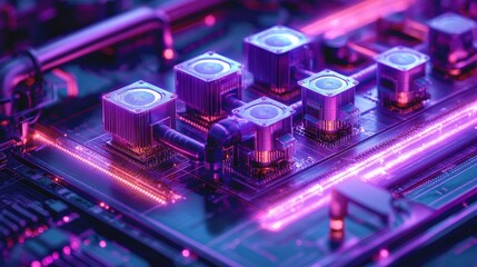 Fototapeta premium Close-up view of a futuristic circuit board with vibrant purple lighting and intricate components