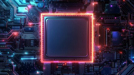 Fototapeta premium Abstract circuit board pattern with futuristic glowing frame, empty center mockup background wallpaper AI generated image