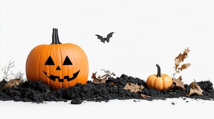 Spooky Halloween Pumpkins on Ground with Bats and Leaves Decor