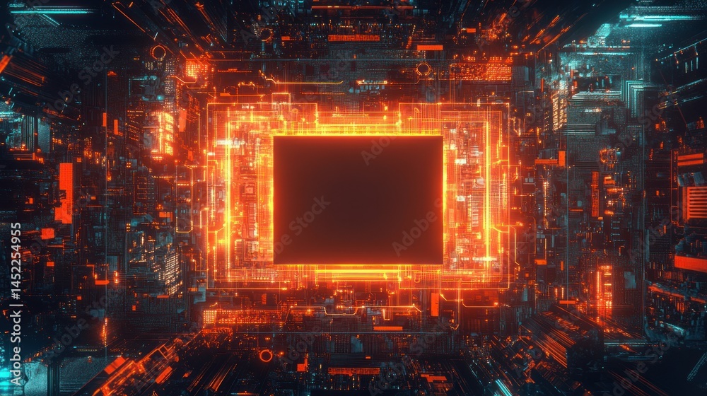 Wall mural abstract circuit board pattern with futuristic glowing frame, empty center mockup background wallpap