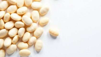 Scattered white beans on pristine white background, organic, healthy