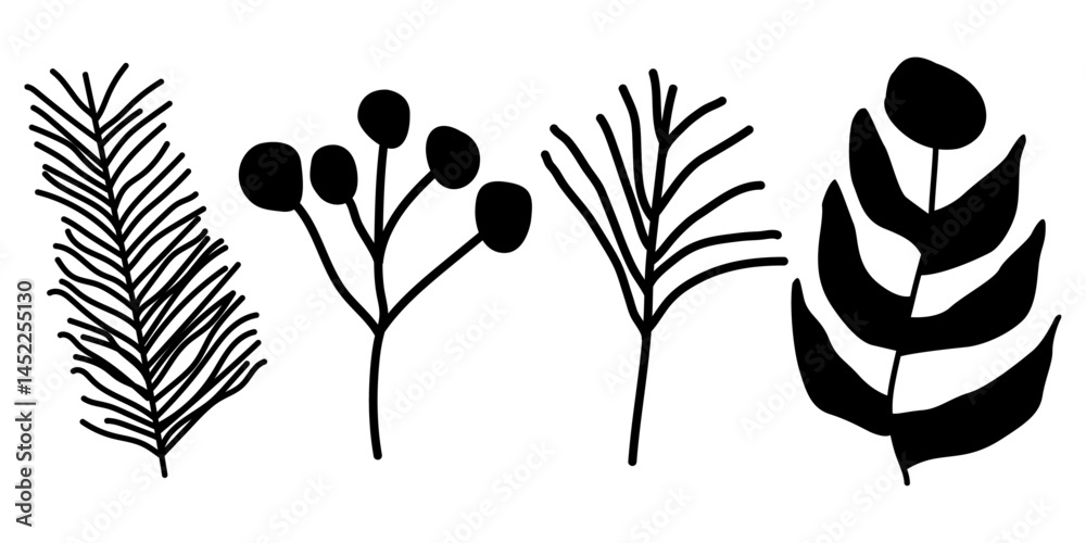 Leinwandbilder Minimalist design of three different floral elements in black against a white background. Branch with thin, linear leaves extends upwards.