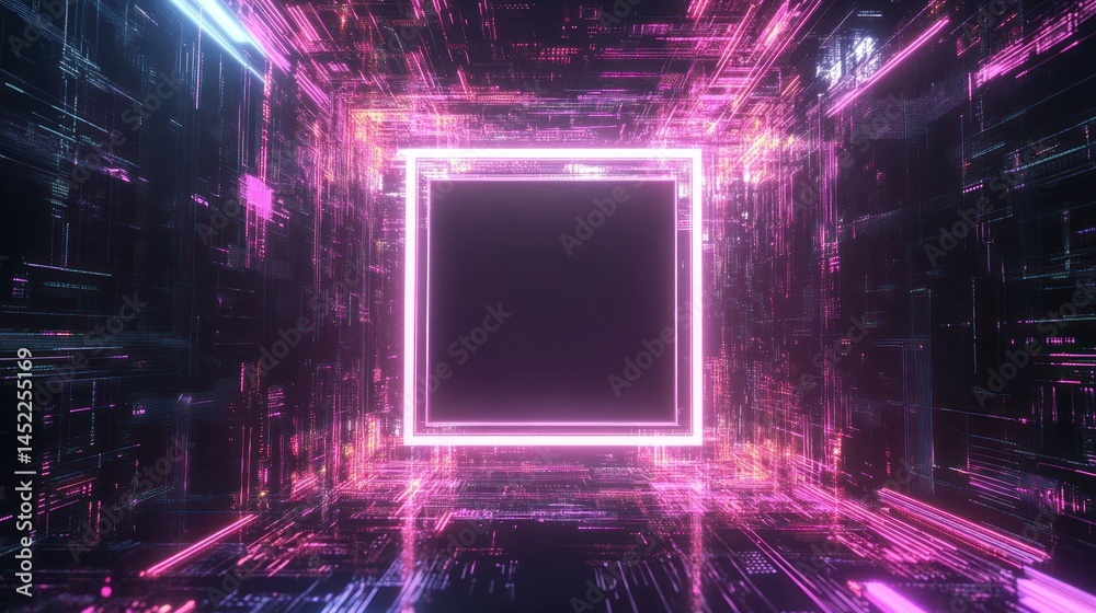 Poster abstract circuit board pattern with futuristic glowing frame, empty center mockup background wallpap