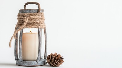 Rustic Lantern with Candle and Pine Cone on Light Background