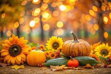 Autumn Harvest: Sunflower, Pumpkins & Colorful Fall Leaves Bokeh Background