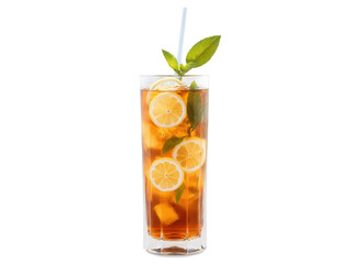 Fototapeta premium Iced Tea in a Tall Glass A tall, transparent glass filled with iced tea, garnished with a sprig of mint