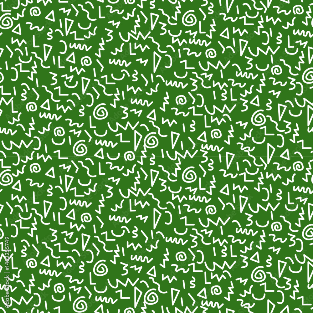 Leinwandbilder Repeating pattern of white geometric shapes on a green background. The shapes include triangles, zigzags, curves, and spirals, scattered randomly across the surface.