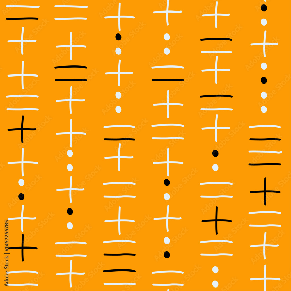 Poster pattern consists of vertical columns of symbols, including plus signs, short horizontal lines, and d