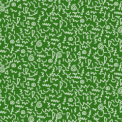 Repeating pattern of white geometric shapes on a green background. The shapes include triangles, zigzags, curves, and spirals, scattered randomly across the surface.