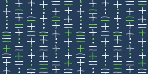 Pattern consists of vertical columns of symbols, including plus signs, short horizontal lines, and dots. Blue backgound. Vector for print.
