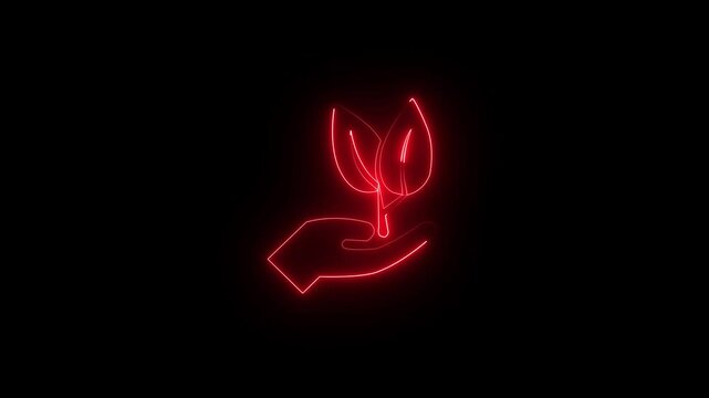 Glowing neon line of sprout icon inside moving circle.    Glowing and Nature Conservation black background .