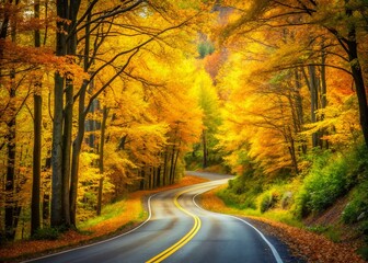 Obraz premium Autumn Road, Yellow-Green Trees, Fall Foliage, Country Lane, Scenic Drive