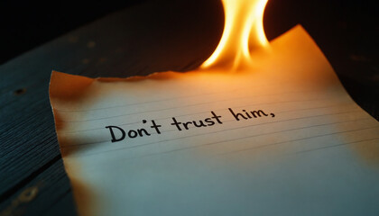 Burning note with the message "Don't trust him" on wooden surface