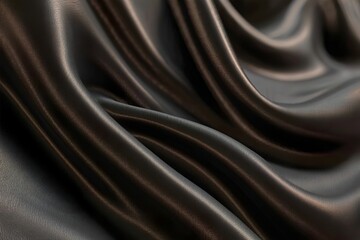 A close-up of dark brown and black silk satin fabric with a glossy sheen, flowing in waves against