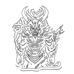 Stylized depiction of a horned, demonic figure, presented as an outline design