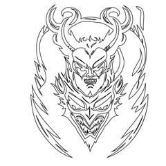 Illustrative demonic figures intertwining, creating a stylized and dramatic emblem