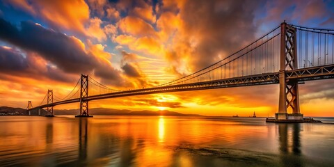 Obraz premium Bay Bridge Sunset: Golden Hour Over San Francisco Bay