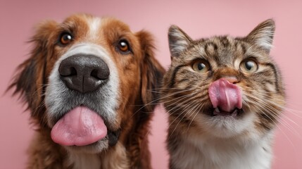 Naklejka na ściany i meble Two funny and hungry pets, a dog and a cat, sit side by side with their tongues out, looking excited for a treat. Their playful expressions highlight their appetite and charm