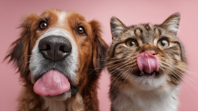 Two funny and hungry pets, a dog and a cat, sit side by side with their tongues out, looking excited for a treat. Their playful expressions highlight their appetite and charm