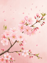 Fototapeta premium Spring border background with beautiful pink flowering branch. Pastel pink background, bloom delicate flowers. Springtime concept. Beautiful fresh cherry blossom branch on pink background. 