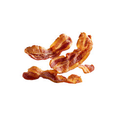Crispy fried salty bacon strips close up shot food photography on transparent background. Fatty breakfast meat slices cooking ingredient for healthy meal.