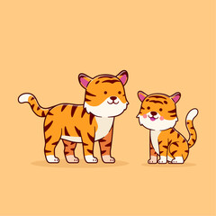 Vector illustration of cute tiger and tiger cub in cartoon style.