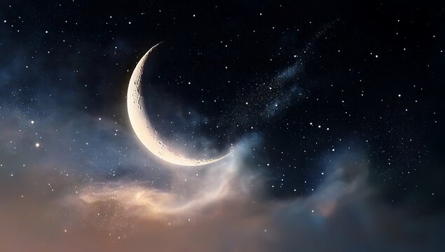 A crescent moon is floating in the night sky, surrounded by stars and wispy clouds, creating an