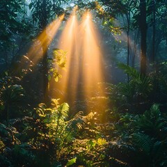 Misty tropical rainforest at dawn with golden sunlight beams