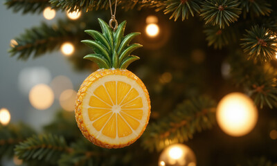 Christmas tree ornament shaped like a juicy slice of pineapple, with sharp focus on the bright yellow flesh, geometric texture,