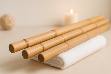 Fototapeta premium Smooth Bamboo Sticks on Rolled Towel with Candle and Spa Ambiance
