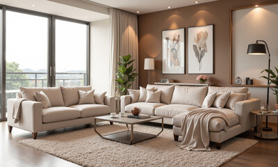 A cozy living room with mocha mousse-colored accents, including throw blankets, cushions, and an area rug. The soft, inviting color
