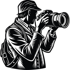 Photographer with Camera Vector Illustration Black and White Stock Image