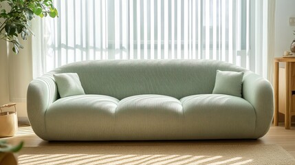 Fototapeta premium Modern light green sofa in sunlit living room