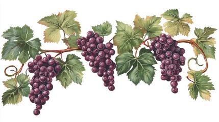 Ornate illustration of bunches of purple grapes on a vine.