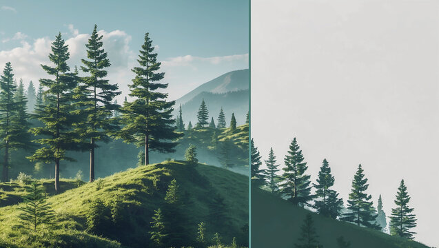 Split landscape with mountains and pine trees