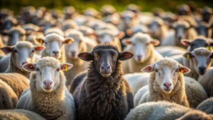 Obraz premium Black Sheep Amongst White Sheep: A Powerful Image of Standing Out